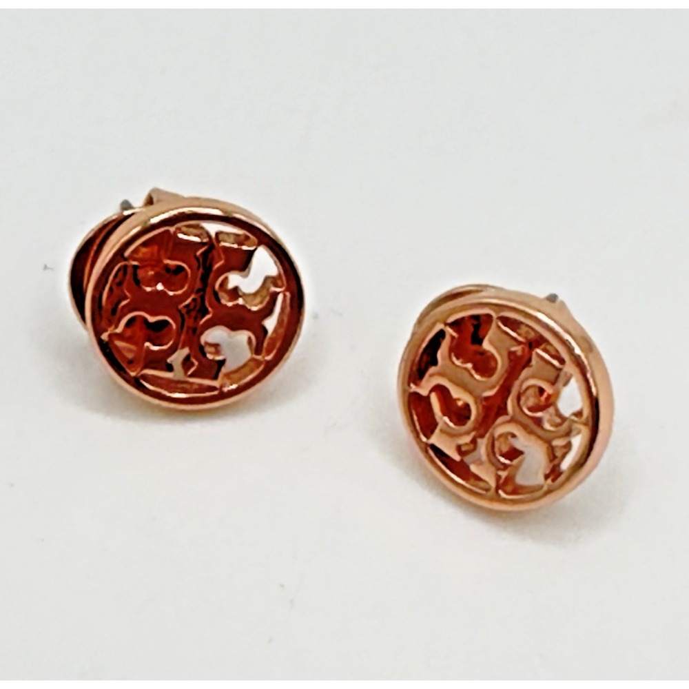 Tory Burch Round Button Logo Stud Earrings Rose Gold Tone Designer Classic 10.5m